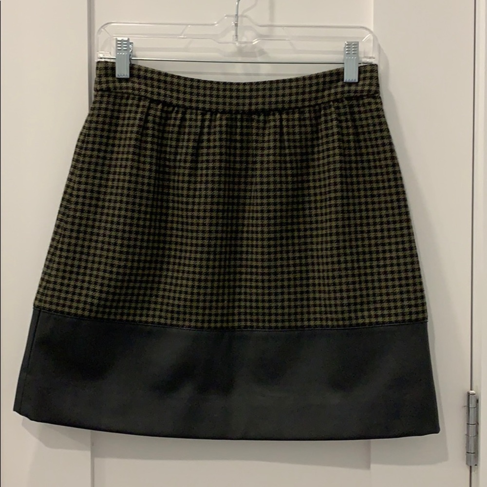 JCrew green/black Tweed Skirt with Leather Trim